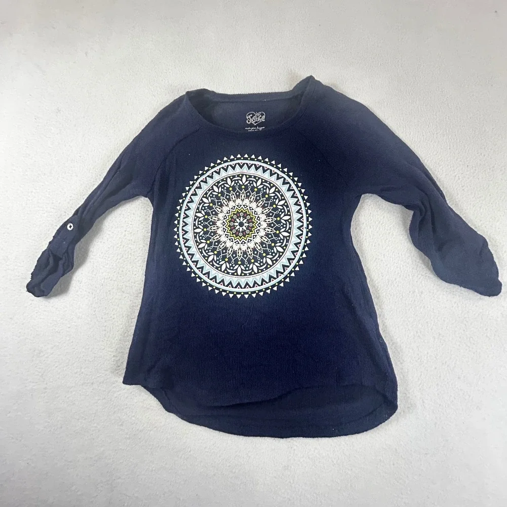Justice Girls Navy Blue Mandala Graphic Print Lightweight Sweater‎ Top Size 8